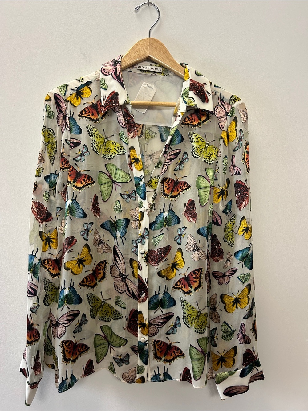 Alice + Olivia Sheer Butterfly-Print Button-Down Blouse - White Multicolor - Picture 1 of 7